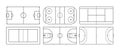 Field of basketball, soccer, hockey, volleyball and tennis. Sport court in line style. Vector icon top view. Outline set for