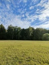 field behind the village on the edge of the forest and beautiful clouds in the blue sky. Royalty Free Stock Photo