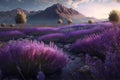 A field of blooming mountain lavender on mountains and a sunny sky background, natureconcept. Generative AI Royalty Free Stock Photo
