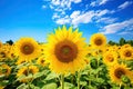 field of blooming sunflowers on a background of blue sky, AI Generated Royalty Free Stock Photo