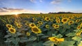 Field of blooming sunflowers on a background sunset. Panorama co Royalty Free Stock Photo