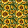 Field of blooming sunflowers with bees background. AI generative illustration Royalty Free Stock Photo