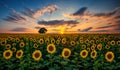 Field of blooming sunflowers and tree on a background sunset Royalty Free Stock Photo