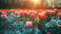 A field of blooming tulips surrounded by a bubbling spring of blockchain data evoking thoughts of new beginnings and Royalty Free Stock Photo