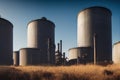 a field with a bunch of large tanks in it\'s center and a sky background behind them with a few clouds