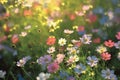 Field of colorful blooming cosmos flower in spring on morning Created with Generative AI technology