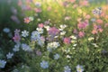 Field of colorful blooming cosmos flower in spring on morning Created with Generative AI technology