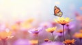 Field of colorful cosmos flower and butterfly in a meadow in nature in the rays of sunlight in summer in the spring close-up of a Royalty Free Stock Photo