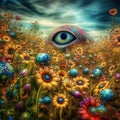 Field of colorful flowers with chameleon eye and mouth. Generative Ai