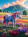 A field of colorful flowers with a charming unicorn grazing in the distance, mountain, clouds, sky, trees, nature, mystical animal