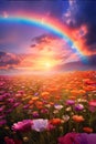 A field with colorful flowers at sunset, a rainbow in the sky. Flowering flowers, a symbol of spring, new life