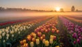 a field of colorful tulips and fog in the distance Royalty Free Stock Photo