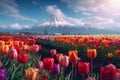 Field Of Colorful Tulips With Mountains In The Background. Generative AI Royalty Free Stock Photo