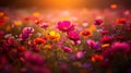 Field of cosmos flowers at sunset with vibrant colors and soft focus background