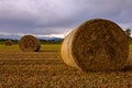 Field covered in haystacks and greenery under the sunlight and a cloudy sky Royalty Free Stock Photo