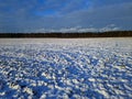 Field covered with light snow. Forest on the horizon. Blue sky. Symbol of frosty winter Royalty Free Stock Photo