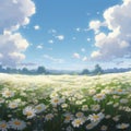 field of daisies and blue sky with clouds, nature background Royalty Free Stock Photo