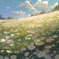 Field of daisies and blue sky with clouds, vector illustration Royalty Free Stock Photo