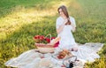 Field in daisies, a bouquet of flowers.French style romantic picnic setting. Woman in cotton dress and hat Royalty Free Stock Photo