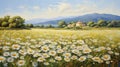 Provence Morning: A Stunning Photo-realistic Oil Painting Of A Daisy Field With Mountain View