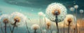 Generative AI: Field of dandelion in sunset Royalty Free Stock Photo