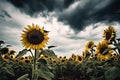 a field of dead sunflowers under a gloomy sky