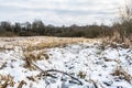 The Field with dry grass covered with first snow. Rural landscape. Early misty morning in the field Royalty Free Stock Photo