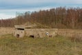 Field with old bunker and birch forest on Pakri Peninsula, Paldiski, Estonia