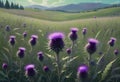 Field Filled With Purple Thistle fFowers in a Landscape of Greenery, Generative Royalty Free Stock Photo