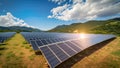 A field filled with solar panels with majestic mountains in the background, harnessing solar power for clean, sustainable energy,