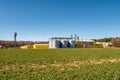 Field of flower of rapeseed, canola colza in Brassica napus on agro-processing plant for processing and silver silos for drying Royalty Free Stock Photo