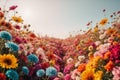 Field of flowers concept art, welcoming path of flowers, dream fantasy landscape, colorful floral view Royalty Free Stock Photo