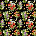 Field flowers, grass, butterflies, bees. Repeating floral pattern on black background. Watercolour