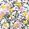 Field flowers, grasses, herbs. Seamless summer pattern, black and white colors. Watercolor