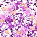 Field flowers, grasses, herbs. Seamless summer pattern. Watercolor - ultra violet color
