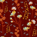 Field-flowers, leaves and herbals vector seamless pattern