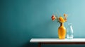 Field flowers in orange vase on wooden coffee table against dark turquoise wall background. Interior design of modern living room Royalty Free Stock Photo