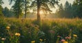 A field of flowers is shown with a tree in the background. The sun is shining brightly, and the flowers are in full bloo