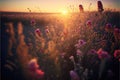 a field of flowers with the sun setting in the background and a field of wildflowers in the foreground Royalty Free Stock Photo