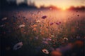 a field of flowers with the sun setting in the background and a field of wildflowers in the foreground Royalty Free Stock Photo