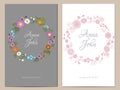 Field flowers wedding invitation. Save the date greeting card floral round design. Wild dog rose rustic traditional vintage embroi