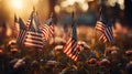 a field full of American flags with the sun shining in the background, celebrating the 4th of July and Independence Day created Royalty Free Stock Photo