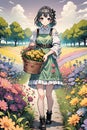 A field full of colorful flowers with a cute anime girl holding a bucket of flower harvested, beautiful sky and clouds, tree