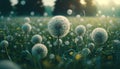 a field full of dandelions with the sun shining through the trees in the background and the grass blowing in the wind in the Royalty Free Stock Photo