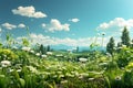 A field full of white flowers and grass under a blue sky