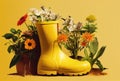 Field and garden flowers in yellow rainboot, potted plants. Generative AI