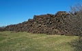 Field with giant pile of railway cross ties