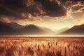 field golden wheat with mountains in background Royalty Free Stock Photo