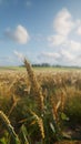 A field of golden wheat sways under a cloudy blue sky Royalty Free Stock Photo