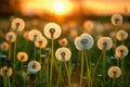 field of grass, Dandelion flower on the background of the sunset.ai generative Royalty Free Stock Photo